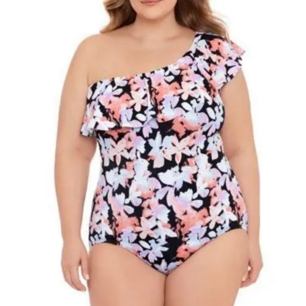 Time and Tru watercolor ruffle one shoulder one piece swimsuit 1X